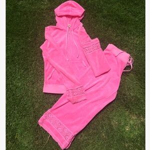 Pink Terry Cloth Capris Pant Zip Up Hoodie Jacket